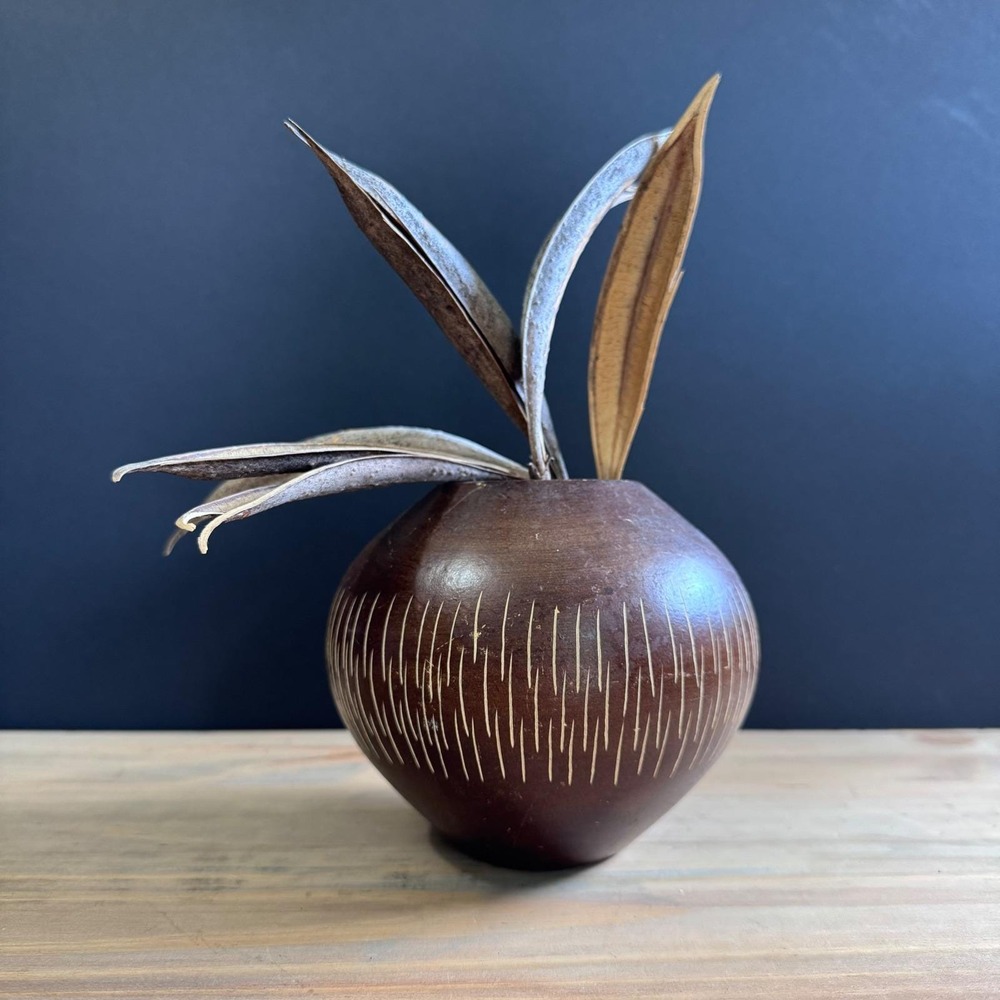 SMALL Hand-Carved Decorative Gourd Vase - 5" Boho Orb Vessel Sgraffito Lines